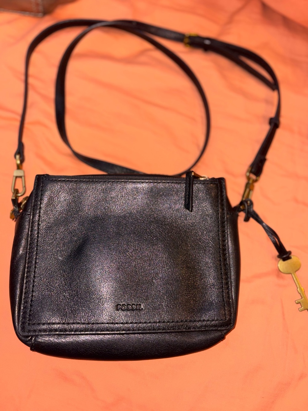 Fossil Black Leather Crossbody with Gold Key Charm